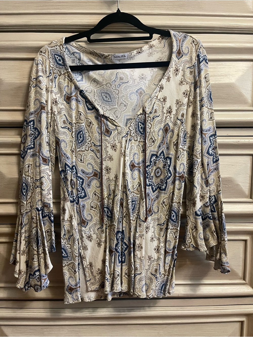 Vintage Nolita Made in Canada Paisley Tunic Blouse Bell Sleeve Tie Neck Womens L